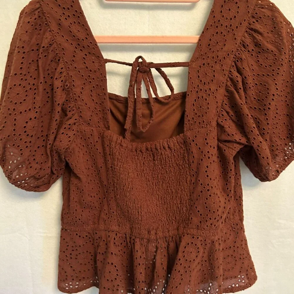 NWT Band of the Free Smock Peplum Crop Cotton Eyelet Boho Top Size Small Brown - Picture 5 of 11